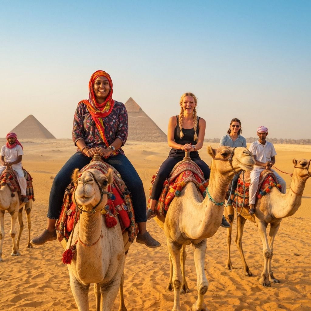 Mulheres viajantes passeando de camelo em frente às Pirâmides de Gizé