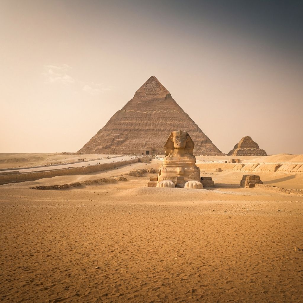 Vista deslumbrante das Pirâmides de Gizé ao pôr do sol no Egito